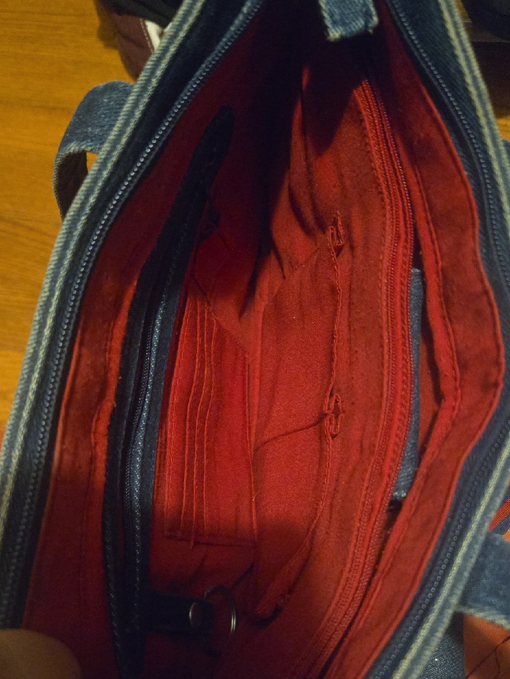 Denim Tote Bag with Red Stripe Handles - Picture 7 of 10